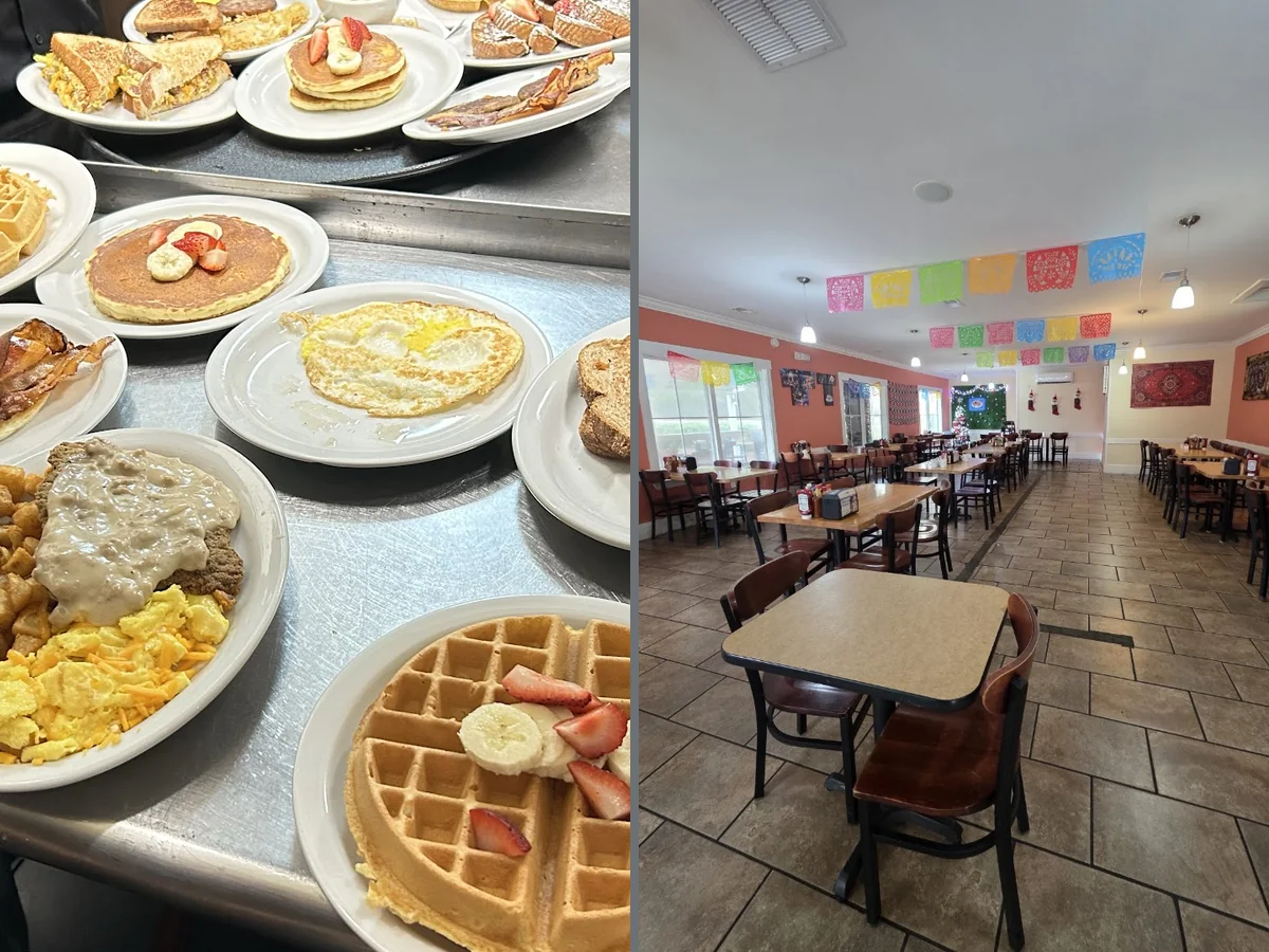 Breakfast plates on a simple restaurant table.
