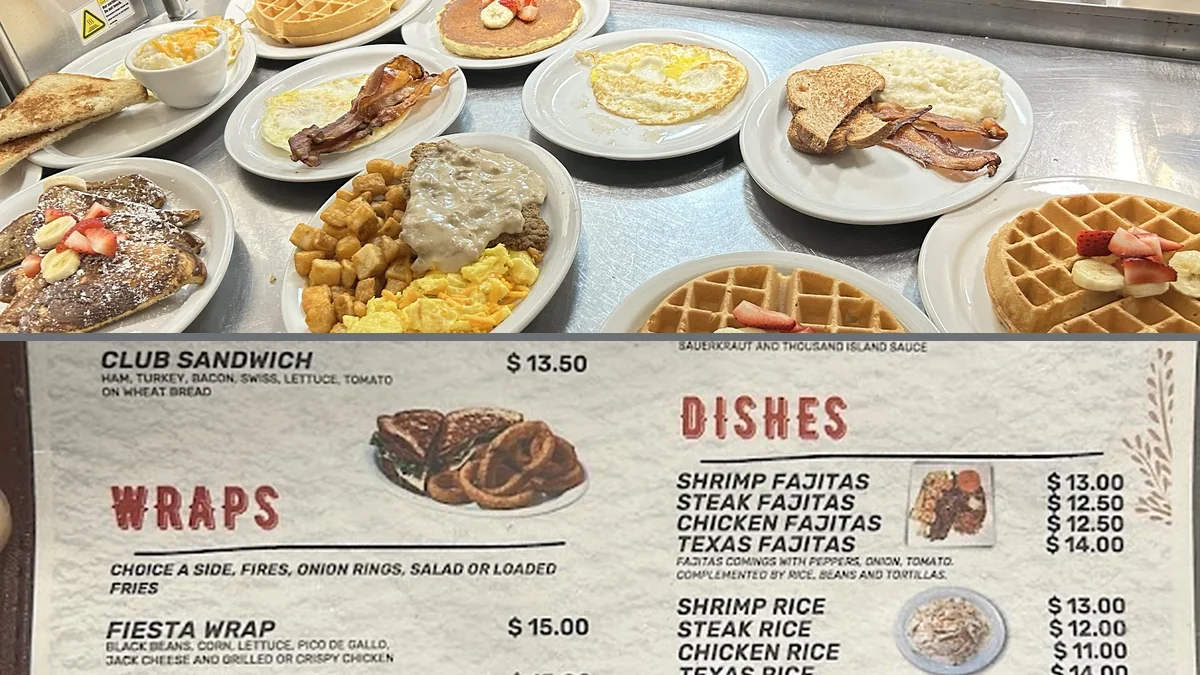 Breakfast plates on a simple restaurant table.