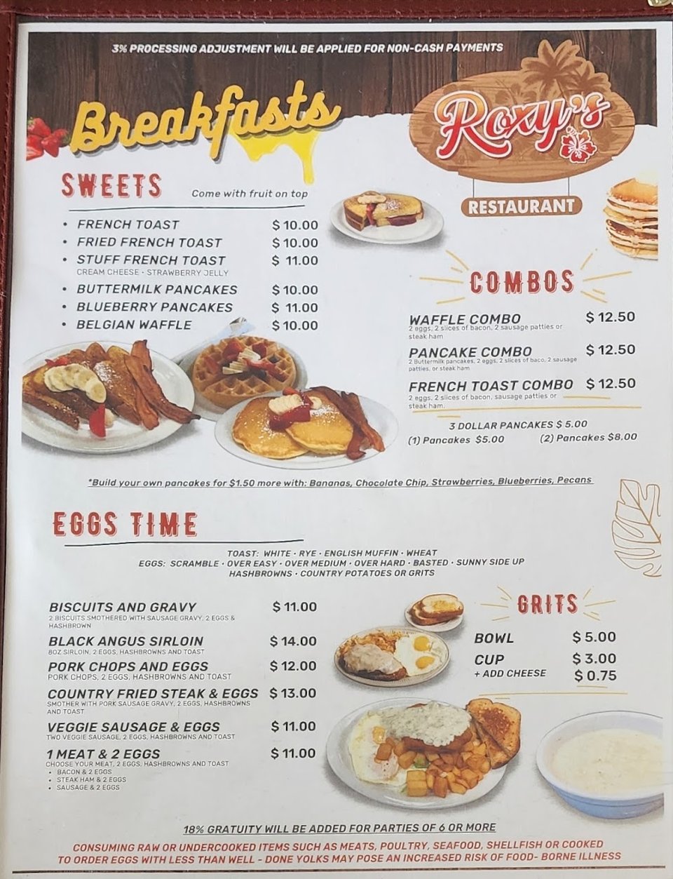 Breakfast menu showing pancakes and eggs.