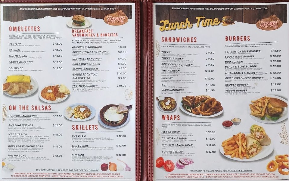 Burger and sweet sections on a menu page.